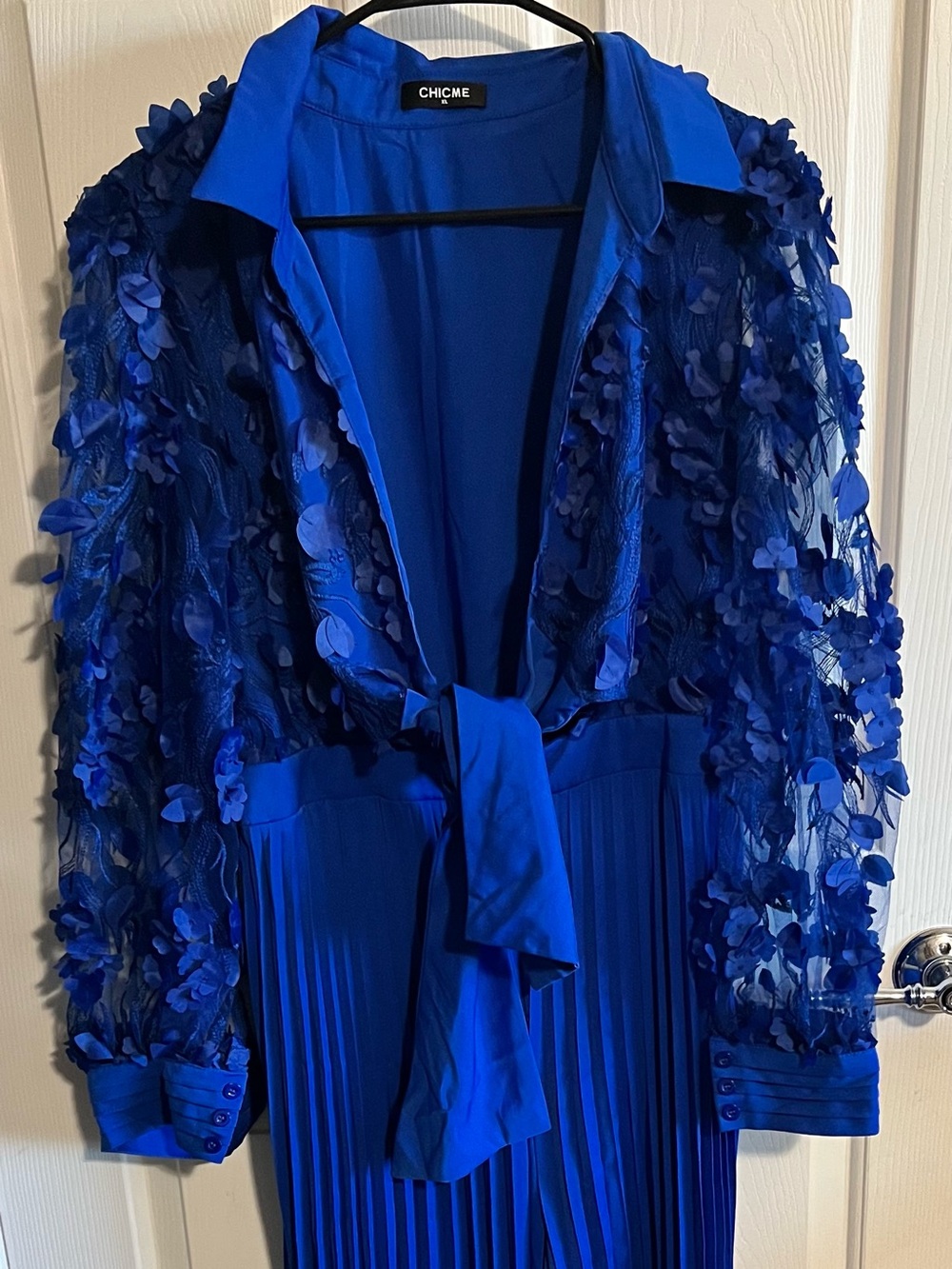 chic Royal Blue Sheer Floral Appliqué Long Sleeve jumpsuit